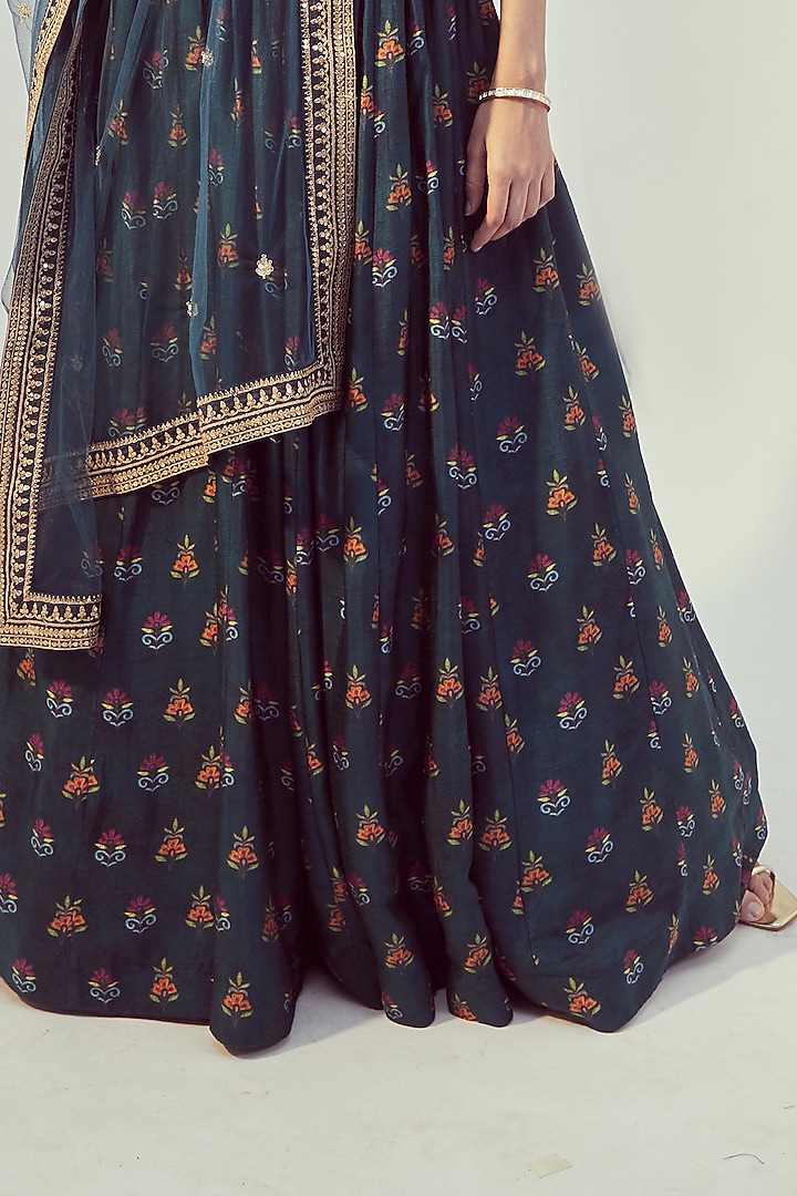 Teal Printed & Hand Embroidered Wedding Lehenga Set by Drishti & Zahabia at Pernia's Pop Up Shop
