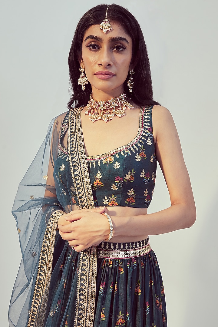 Teal Printed & Hand Embroidered Wedding Lehenga Set by Drishti & Zahabia at Pernia's Pop Up Shop