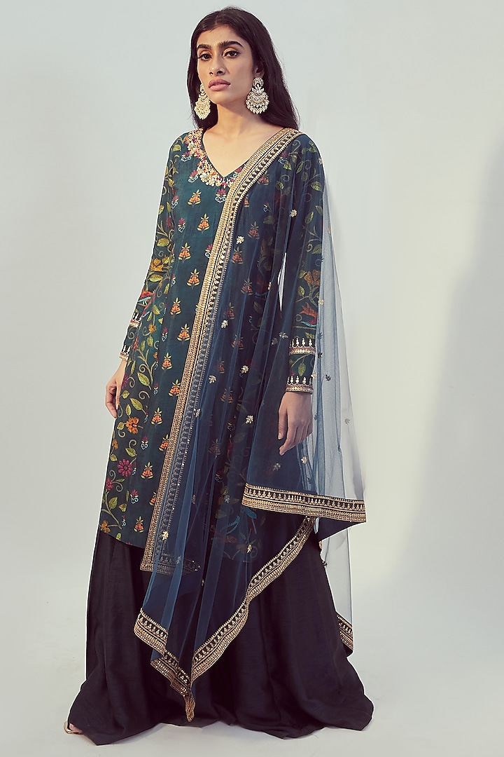 Teal Printed & Hand Embroidered Kurta Set by Drishti & Zahabia