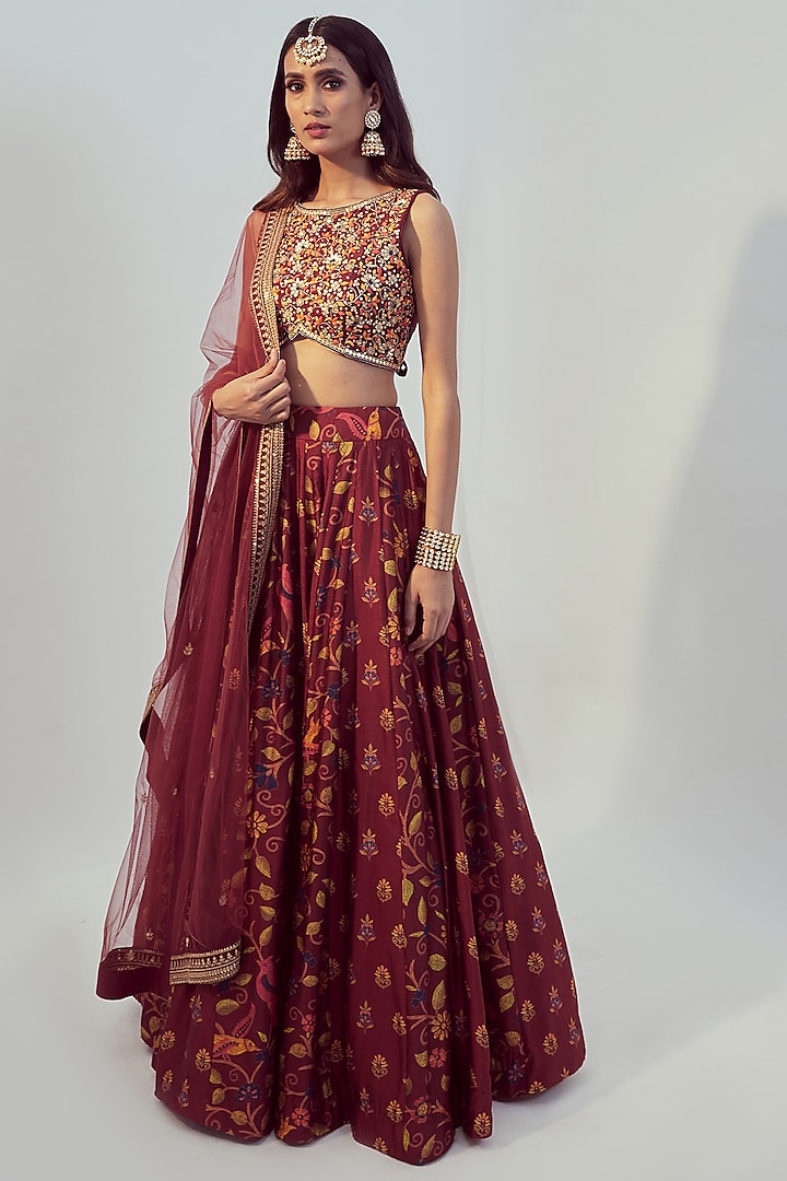 Maroon Printed & Hand Embroidered Wedding Lehenga Set by Drishti & Zahabia at Pernia's Pop Up Shop