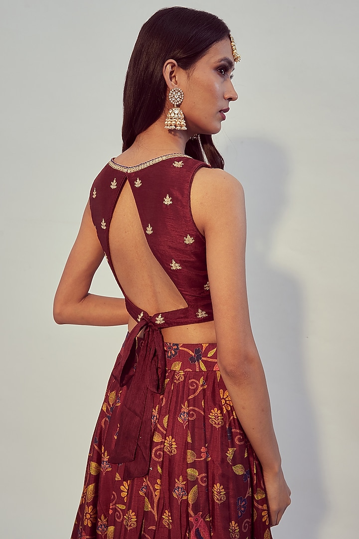 Maroon Printed & Hand Embroidered Wedding Lehenga Set by Drishti & Zahabia at Pernia's Pop Up Shop