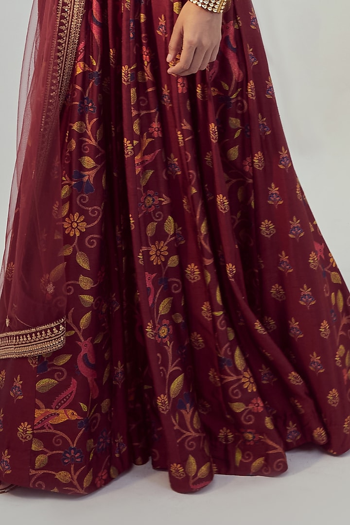 Maroon Printed & Hand Embroidered Wedding Lehenga Set by Drishti & Zahabia at Pernia's Pop Up Shop