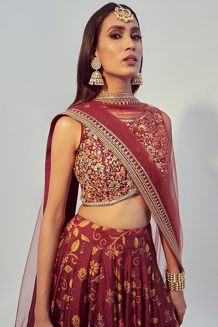 Maroon Printed & Hand Embroidered Wedding Lehenga Set by Drishti & Zahabia at Pernia's Pop Up Shop