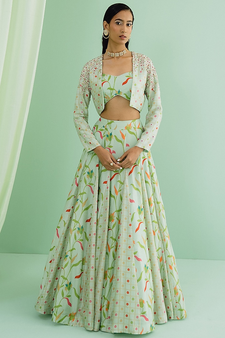 Green Dupion Silk Floral Printed Jacket Lehenga Set by Drishti & Zahabia