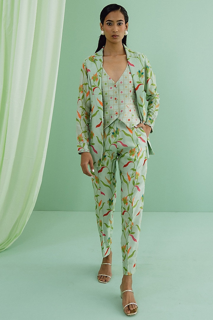 Green Dupion Silk Floral Printed Blazer Set by Drishti & Zahabia