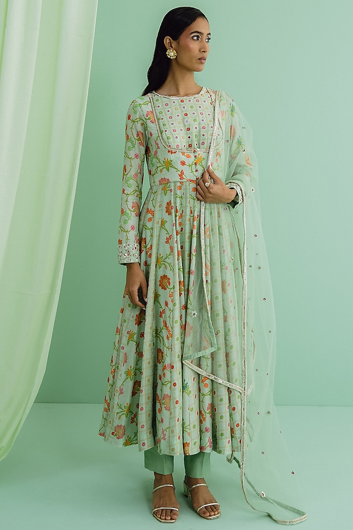 Green Dupion Silk Floral Printed Anarkali Set by Drishti & Zahabia