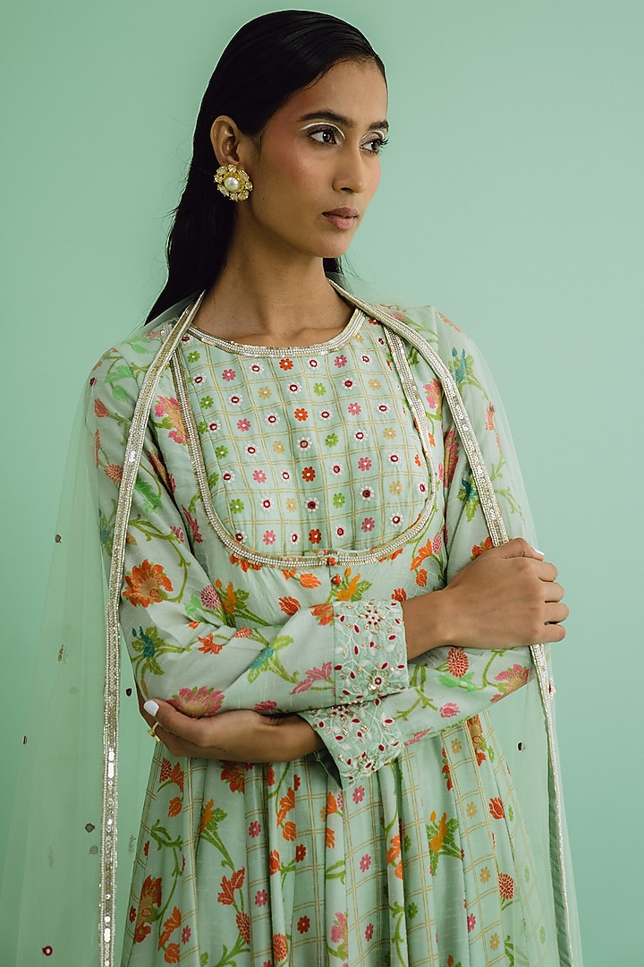 Green Dupion Silk Floral Printed Wedding Anarkali Set by Drishti & Zahabia at Pernia's Pop Up Shop