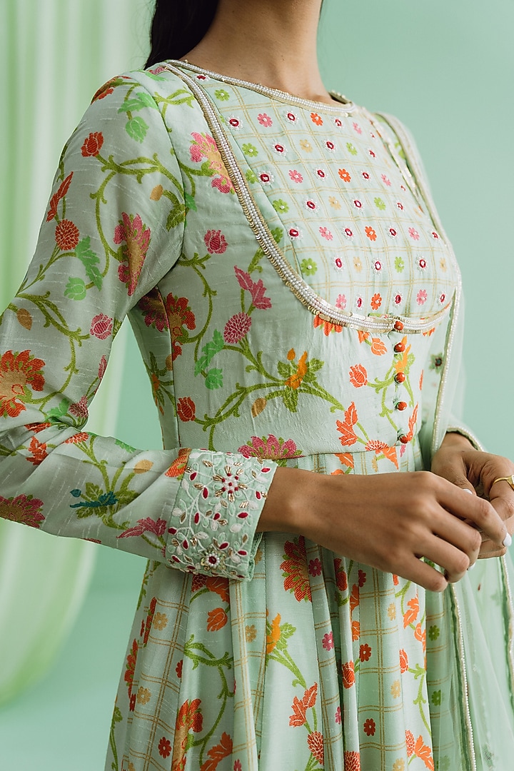 Green Dupion Silk Floral Printed Wedding Anarkali Set by Drishti & Zahabia at Pernia's Pop Up Shop