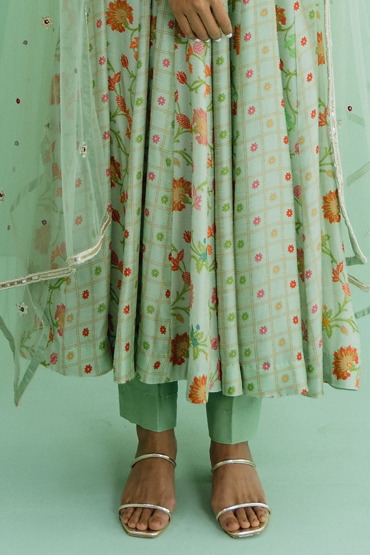 Green Dupion Silk Floral Printed Wedding Anarkali Set by Drishti & Zahabia at Pernia's Pop Up Shop
