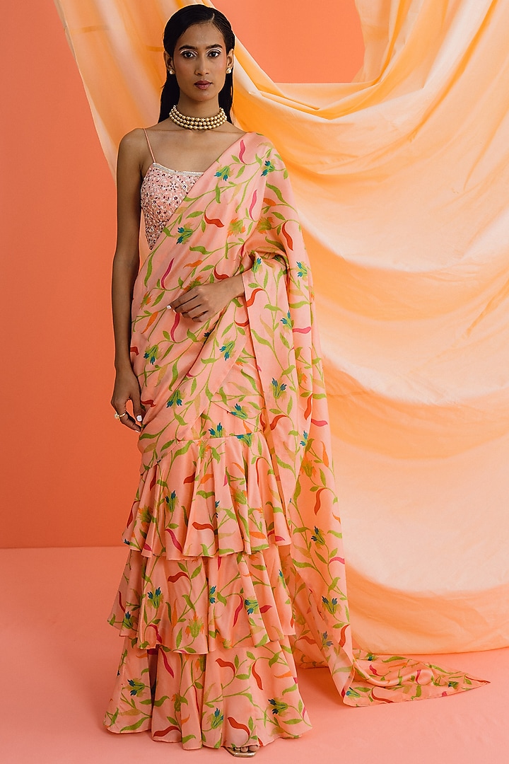 Peach Dupion Silk FLoral Printed Pre-Stitched Ruffle Saree Set by Drishti & Zahabia