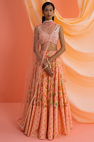 Peach Dupion Silk Floral Printed Lehenga Set by Drishti & Zahabia