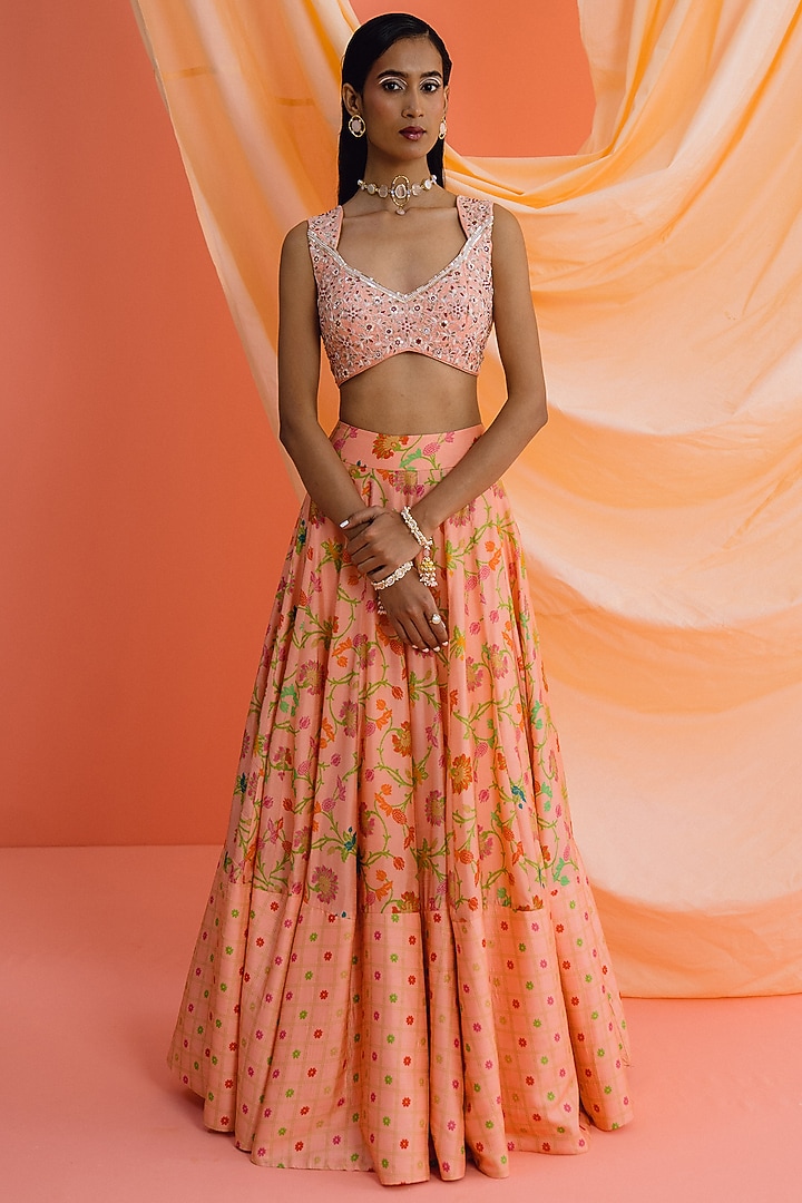 Peach Dupion Silk Floral Printed Wedding Lehenga Set by Drishti & Zahabia at Pernia's Pop Up Shop