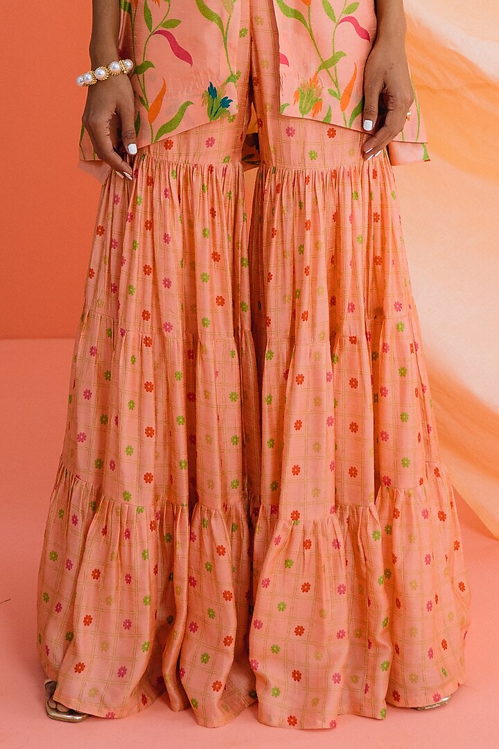 Peach Dupion Silk Floral Printed Party Wear Sharara Set by Drishti & Zahabia at Pernia's Pop Up Shop