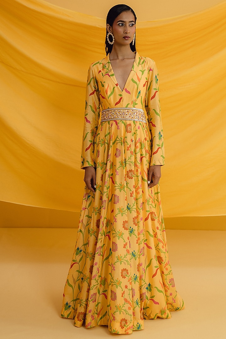 Yellow Dupion Silk Floral Printed Maxi Dress by Drishti & Zahabia at Pernia's Pop Up Shop