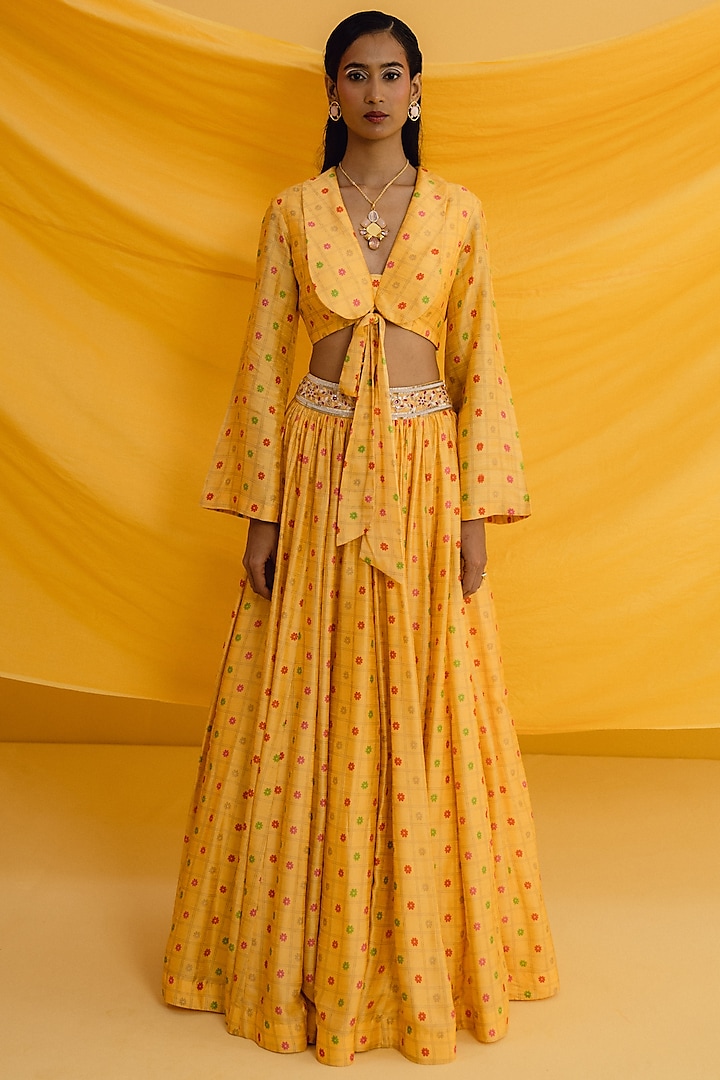 Yellow Dupion Silk Floral Printed Lehenga Set by Drishti & Zahabia