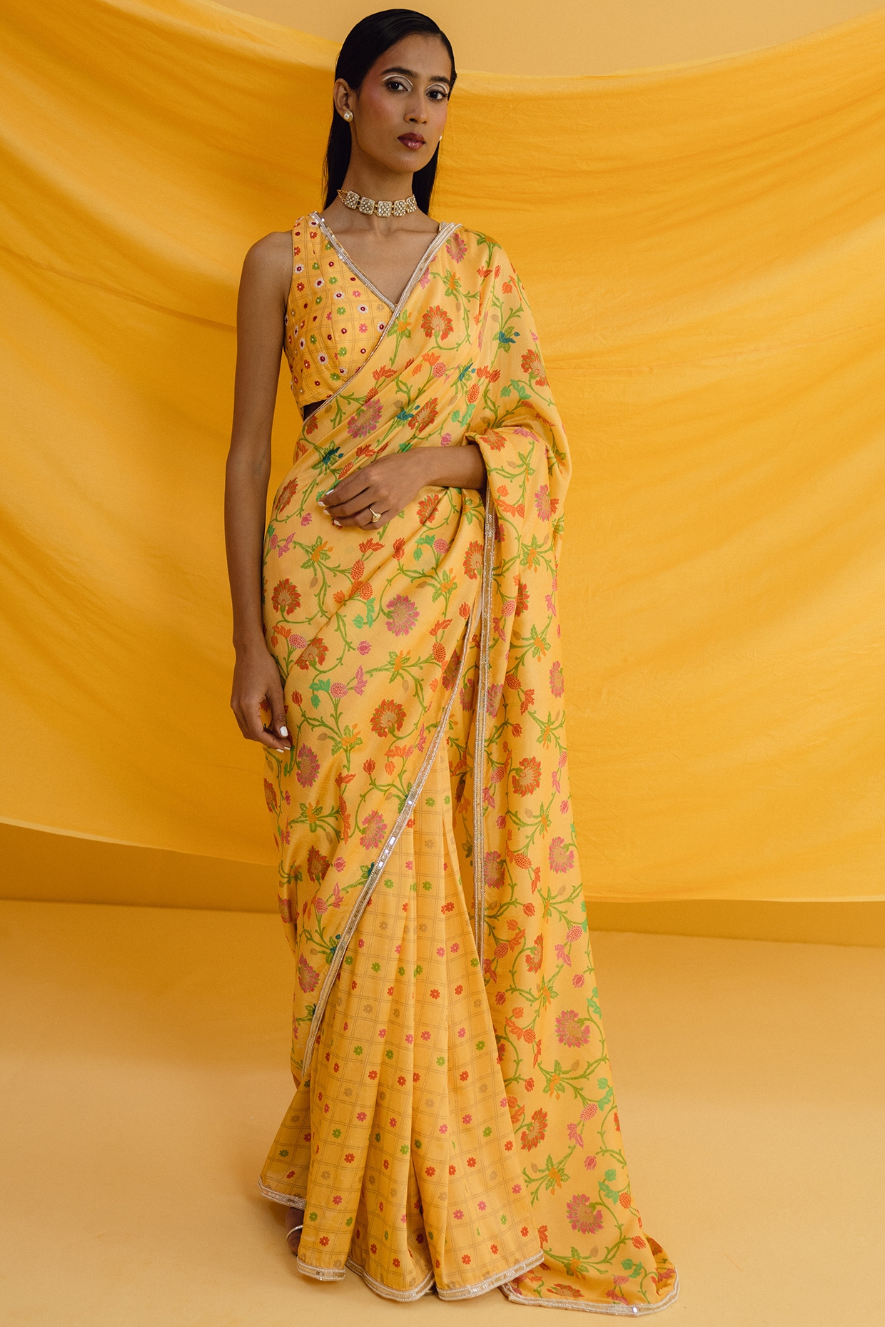 White & Yellow Floral Zari Woven Banarasi Silk Saree with Embroidered –  Ethnos