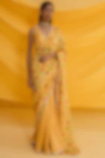 Yellow Dupion Silk Floral Printed Saree Set by Drishti & Zahabia