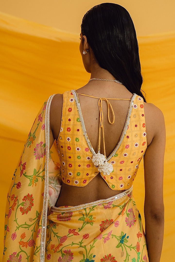 Yellow Dupion Silk Floral Printed Party Wear Saree Set by Drishti & Zahabia at Pernia's Pop Up Shop