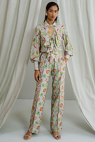 Grey Dupion Silk Floral Printed Co-Ord Set by Drishti & Zahabia