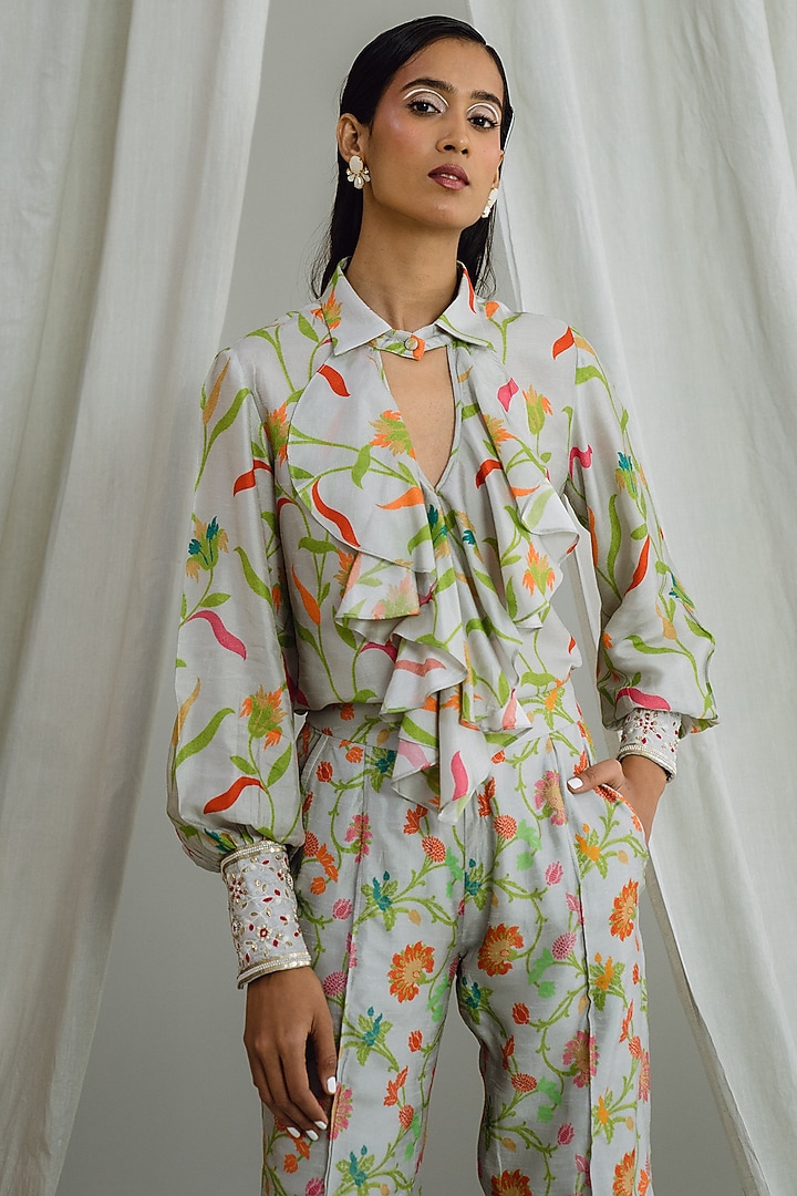 Grey Dupion Silk Floral Printed Co-Ord Set by Drishti & Zahabia at Pernia's Pop Up Shop