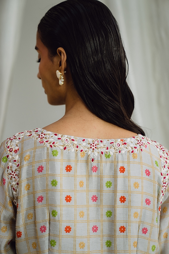 Grey Dupion Silk Floral Printed Kurta Set by Drishti & Zahabia at Pernia's Pop Up Shop