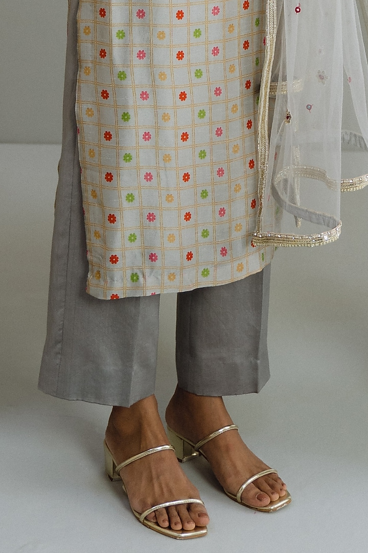 Grey Dupion Silk Floral Printed Kurta Set by Drishti & Zahabia at Pernia's Pop Up Shop