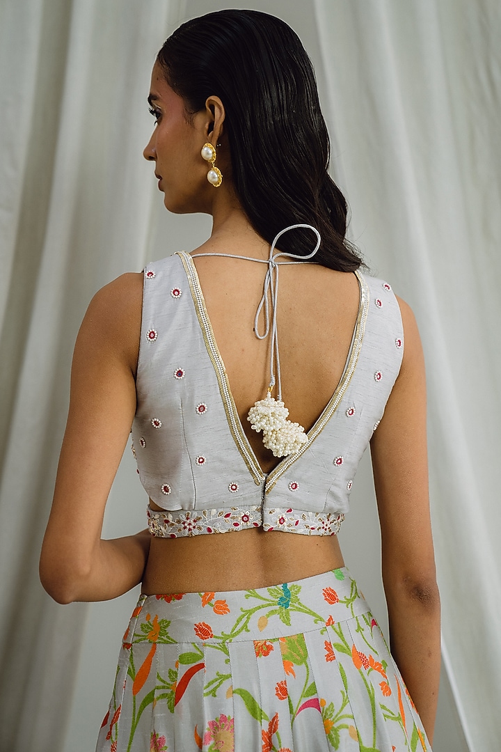 Grey Dupion Silk Floral Printed Wedding Lehenga Set by Drishti & Zahabia at Pernia's Pop Up Shop