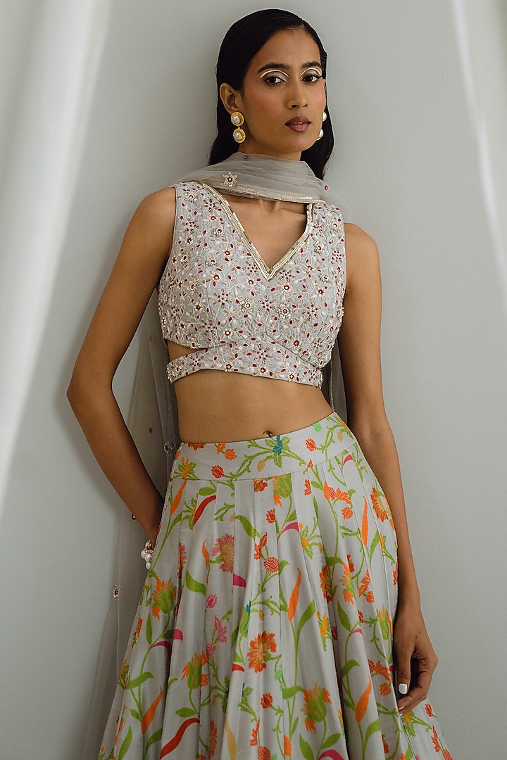 Grey Dupion Silk Floral Printed Wedding Lehenga Set by Drishti & Zahabia at Pernia's Pop Up Shop