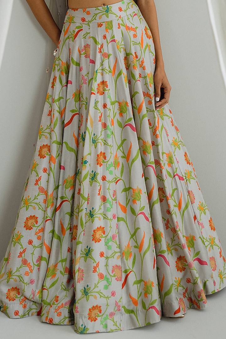 Grey Dupion Silk Floral Printed Wedding Lehenga Set by Drishti & Zahabia at Pernia's Pop Up Shop