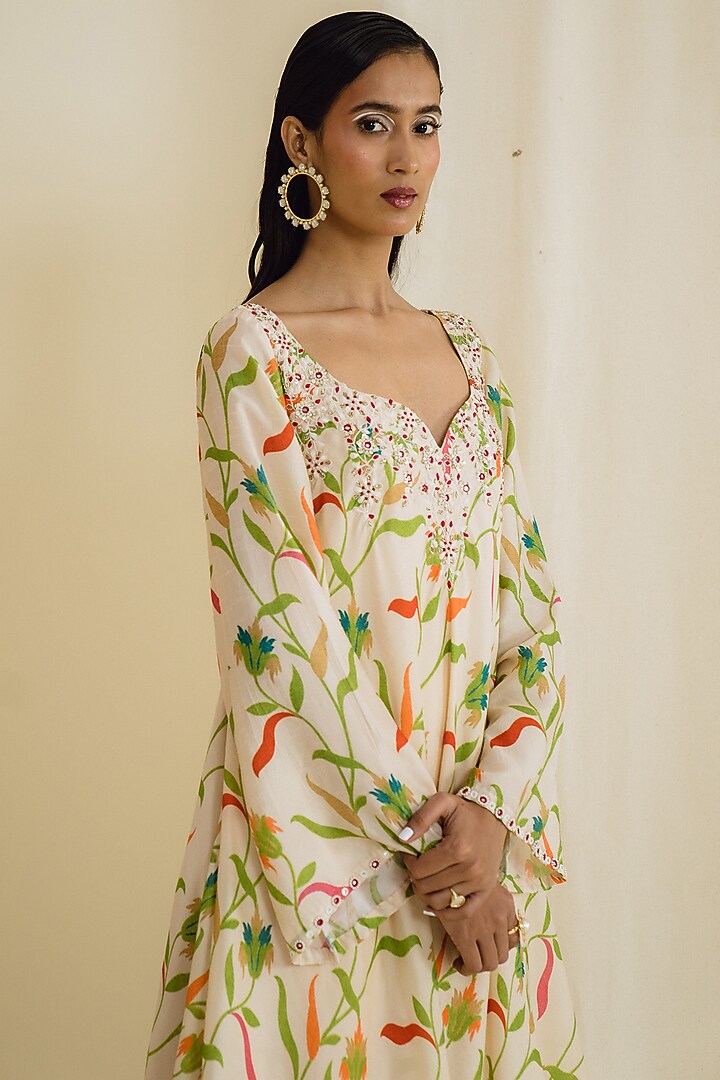Dupion White Khari (खड़ी) Printed Blue Skirt with Pearl Embroidery
