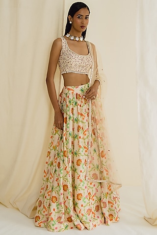 Ivory Dupion Silk Floral Printed Lehenga Set by Drishti & Zahabia