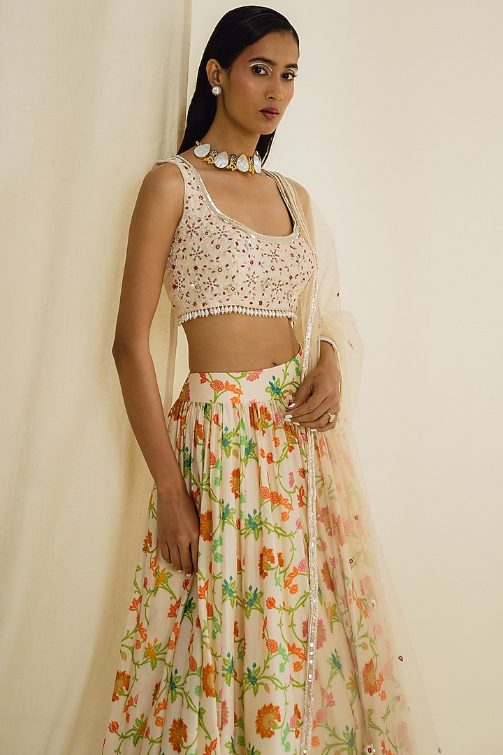 Ivory Dupion Silk Floral Printed Wedding Lehenga Set by Drishti & Zahabia at Pernia's Pop Up Shop