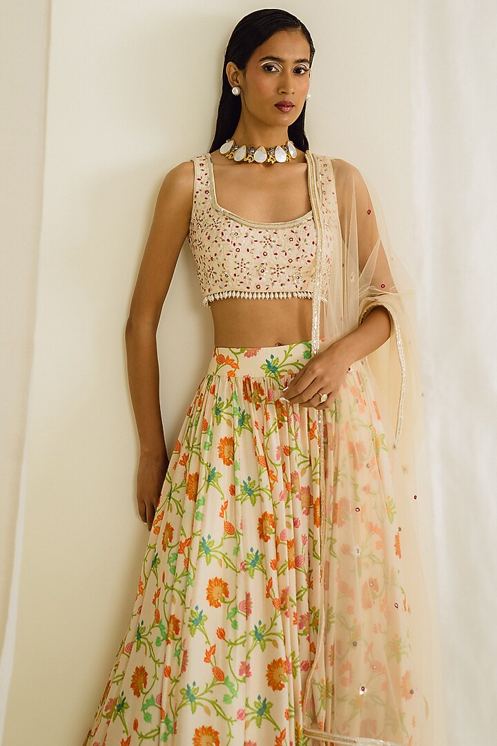 Ivory Dupion Silk Floral Printed Wedding Lehenga Set by Drishti & Zahabia at Pernia's Pop Up Shop