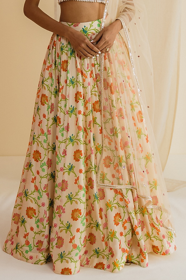 Ivory Dupion Silk Floral Printed Wedding Lehenga Set by Drishti & Zahabia at Pernia's Pop Up Shop