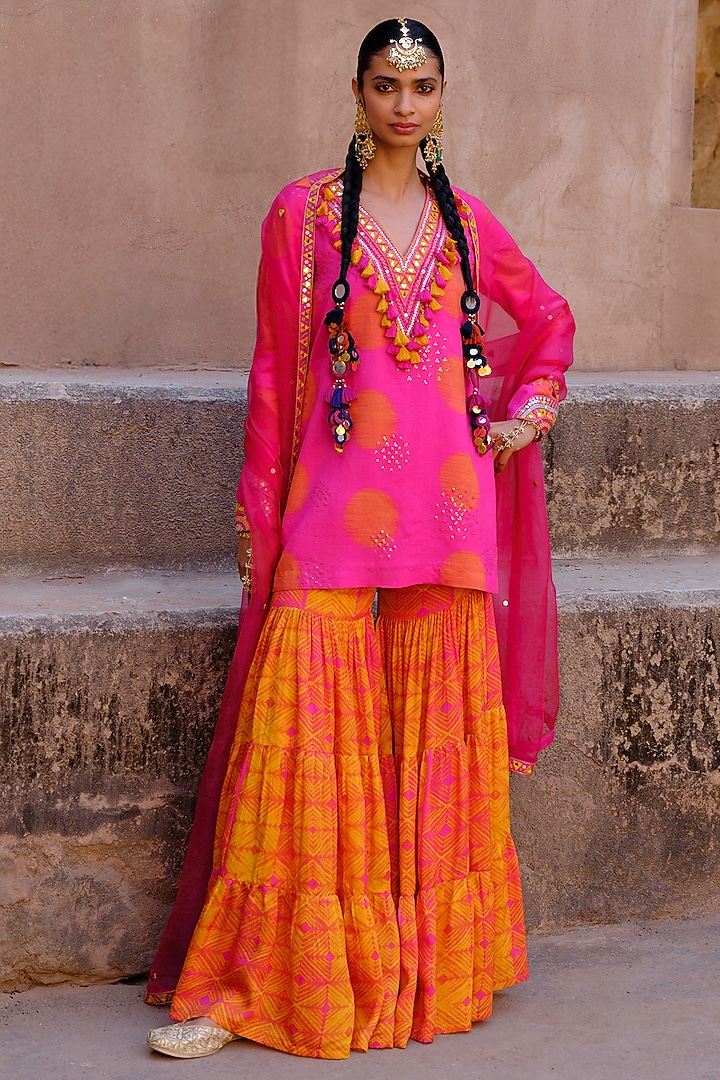 Orange & Pink Dupion Silk Ikat Digital Printed Wedding Sharara Set by Drishti & Zahabia at Pernia's Pop Up Shop