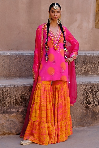 Orange & Pink Dupion Silk Ikat Digital Printed Sharara Set by Drishti & Zahabia