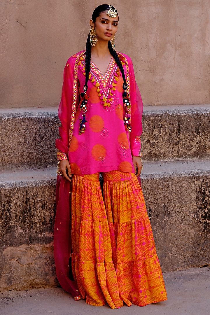 Orange & Pink Dupion Silk Ikat Digital Printed Wedding Sharara Set by Drishti & Zahabia at Pernia's Pop Up Shop