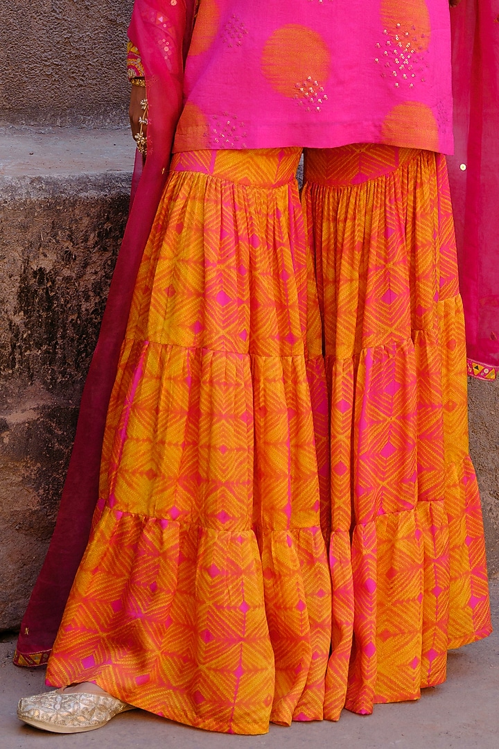Orange & Pink Dupion Silk Ikat Digital Printed Wedding Sharara Set by Drishti & Zahabia at Pernia's Pop Up Shop