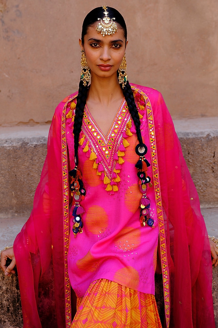 Orange & Pink Dupion Silk Ikat Digital Printed Wedding Sharara Set by Drishti & Zahabia at Pernia's Pop Up Shop