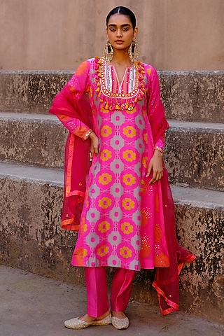 Pink Dupion Silk Printed & Embroidered Kurta Set by Drishti & Zahabia