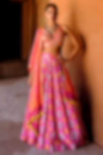 Pink Dupion Silk Ikat Digital Printed Pleated Wedding Lehenga Set by Drishti & Zahabia at Pernia's Pop Up Shop
