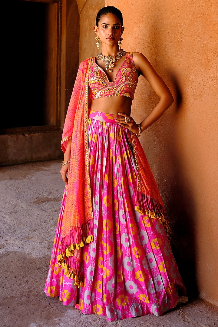 Pink Dupion Silk Ikat Digital Printed Pleated Wedding Lehenga Set by Drishti & Zahabia at Pernia's Pop Up Shop