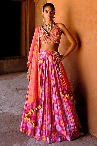 Pink Dupion Silk Ikat Digital Printed Pleated Lehenga Set by Drishti & Zahabia