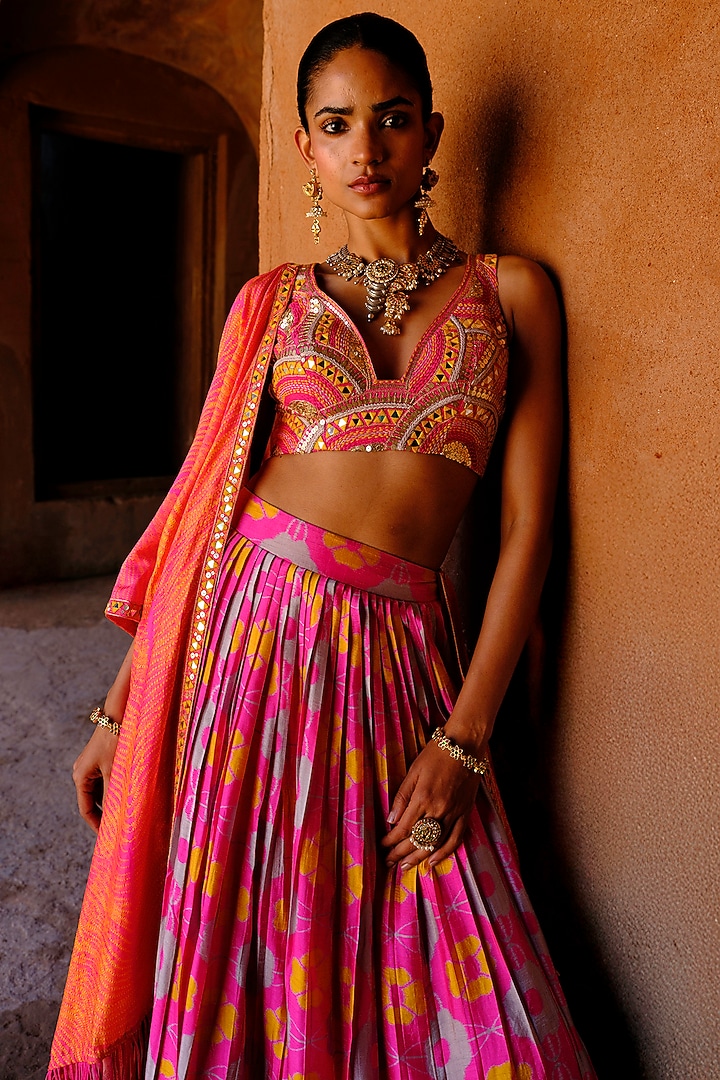 Pink Dupion Silk Ikat Digital Printed Pleated Wedding Lehenga Set by Drishti & Zahabia at Pernia's Pop Up Shop