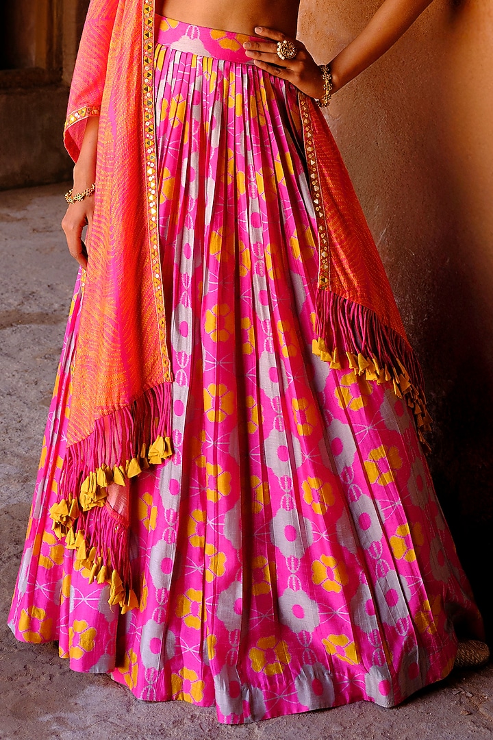 Pink Dupion Silk Ikat Digital Printed Pleated Wedding Lehenga Set by Drishti & Zahabia at Pernia's Pop Up Shop