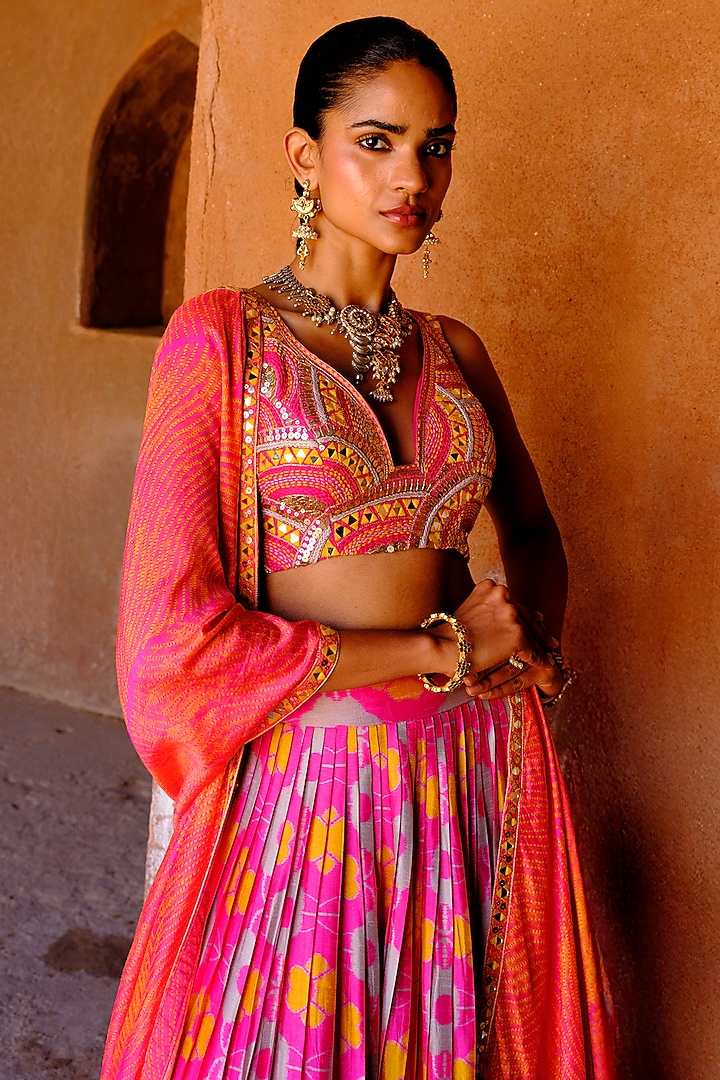 Pink Dupion Silk Ikat Digital Printed Pleated Wedding Lehenga Set by Drishti & Zahabia at Pernia's Pop Up Shop