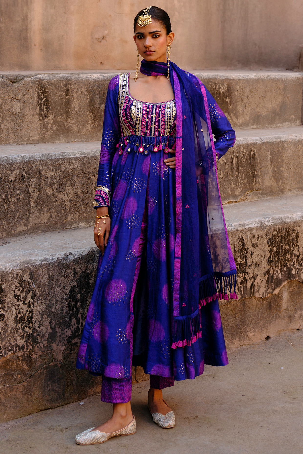 Drishti & Zahabia Blue Dupion Silk Ikat Digital Printed Anarkali Set