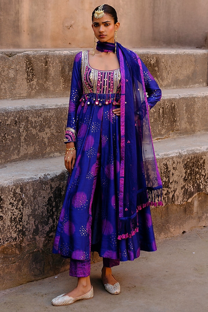 Blue Dupion Silk Ikat Digital Printed Wedding Anarkali Set by Drishti & Zahabia at Pernia's Pop Up Shop