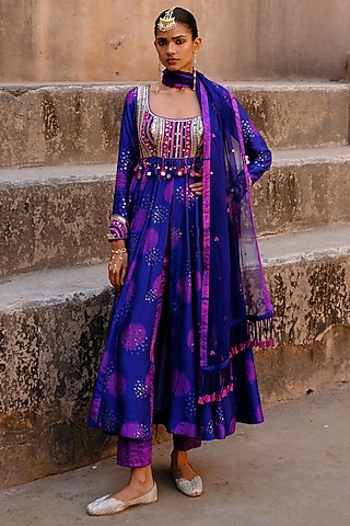 Blue Dupion Silk Ikat Digital Printed Anarkali Set by Drishti & Zahabia