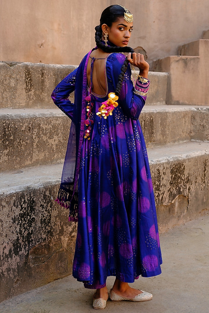 Blue Dupion Silk Ikat Digital Printed Wedding Anarkali Set by Drishti & Zahabia at Pernia's Pop Up Shop
